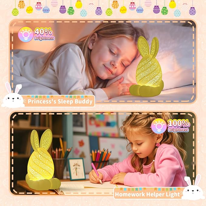 Easter Bunny Night Light, Rechargeable & Dimmable 3D Printed Cute Rabbit Lamps, Portable Animal Nightlight for Girls & Boys, Unique Spring Party Favors Easter Basket Stuffers for Kids Teens(Yellow)