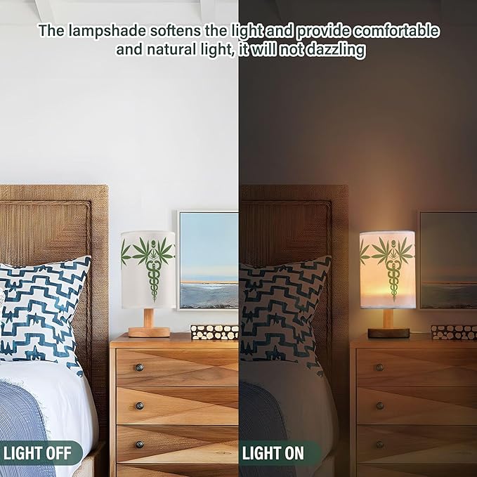 Marijuana Cannabis Hemp Leaf Green Snake Medical Symbol Icon Table Lamp with Wood Base Fabric Lamp Shade Bedside Nightstand Desk Lamp for Living Room Bedroom Kids Room Office
