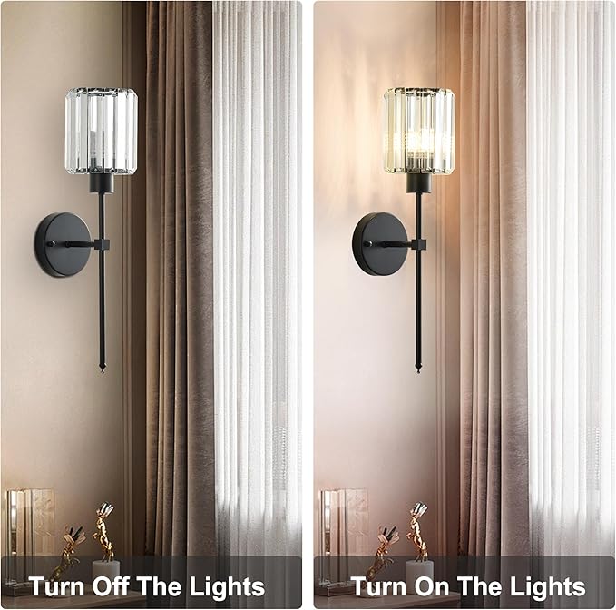 Hardwired Crystal Wall Sconces Set of Two - Dimmable Wall Light Fixtures 3000K, Warm White, for Hallway, Bathroom, Living Room, Bedroom, Black, 20.1 Inch
