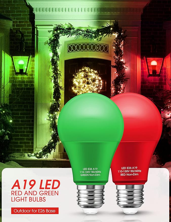 Red Light Bulbs Green Light Bulbs [4 Pack] - A19 LED Red and Green Bulbs 9W (60W Equivalent) - E26 Base Colored Light Bulb for Christmas Party Porch Decor