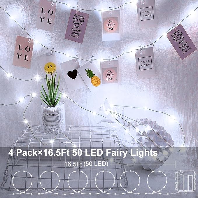 ZAIYW Battery Fairy Lights 4 Pack 16.5Ft 50LED Fairy String Lights with Remote Timer 8 Modes, Dark Green Copper Wire Waterproof Christmas Lights for Outdoor Wedding Tree DIY Decor (Cool White)