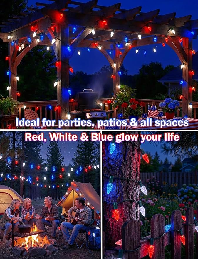 2 Pack 4th of July Decorative Lights Outdoor C6 Strawberry String Lights Red White Blue Fairy Lights 50 LED Solar Operated Rechargeable Garden Lights for Christmas Tree Arbor Decor