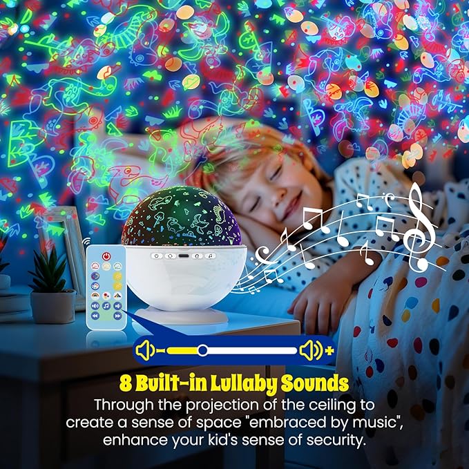 Night Light Projector,Night Light for Kids Room with Remote and Timer,360° Rotation,3 Projection Films,18 Light Modes,8 Lullaby Songs,Kids Night Lamp, Christmas Birthday Gifts for Boys Girls (White)