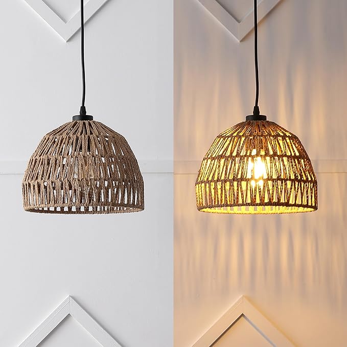 JONATHAN Y 10.25" Brown Modern Bohemian Woven Rope LED Pendant Light Fixture, Adjustable Dome Ceiling Lamp for Kitchen Island, Rope Shade, Coastal Farmhouse Decor (JYL6513E)