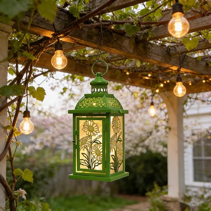 DECORKEY Spring Decorations for Home, 14.4" Decorative Daisy Green Lantern with 61" LED Lights(No Battery) for Home Indoor Outdoor Decor, Hanging Metal Candle Holders for Spring St.Patrick’s Day Gift