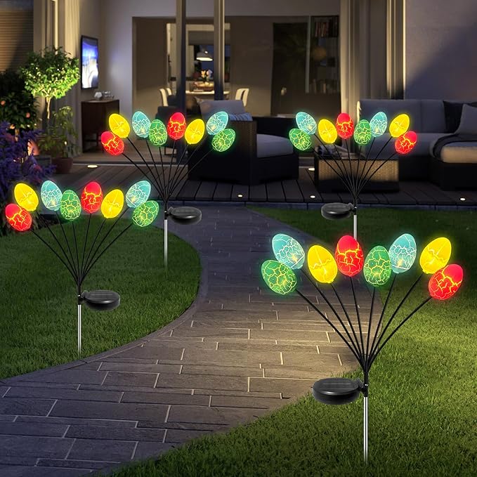4 Pack Solar Easter Egg Lights with 32 Multicolor LED Eggs, Waterproof Colorful Solar Powered Outdoor Lights for Yard, Pathway, Porch & Patio - Easter Decorations