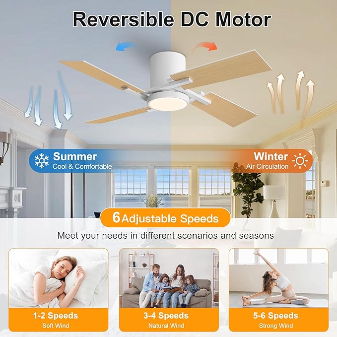 WINGBO 48" Flush Mount Ceiling Fan with Light - 4 Plywood Blades, 6-Speed Reversible DC Motor, Dimmable, 3CCT, Noiseless Low Profile Ceiling Fans and Light for Bedroom Living Room, White and Oak/White