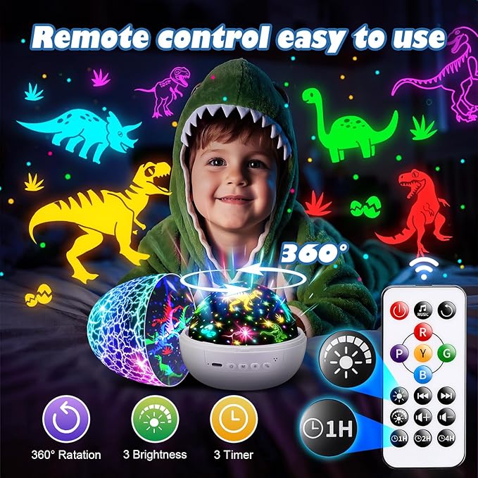 PIKOY Dinosaur Toys for Kids 3-5 Easter Gifts for Kids Toys Night Light Projector Dinosaur Eggs Easter Eggs Night Light for Kids | 15 Sounds & 3D Films | 31Colors & Remote Control | Easter Toys