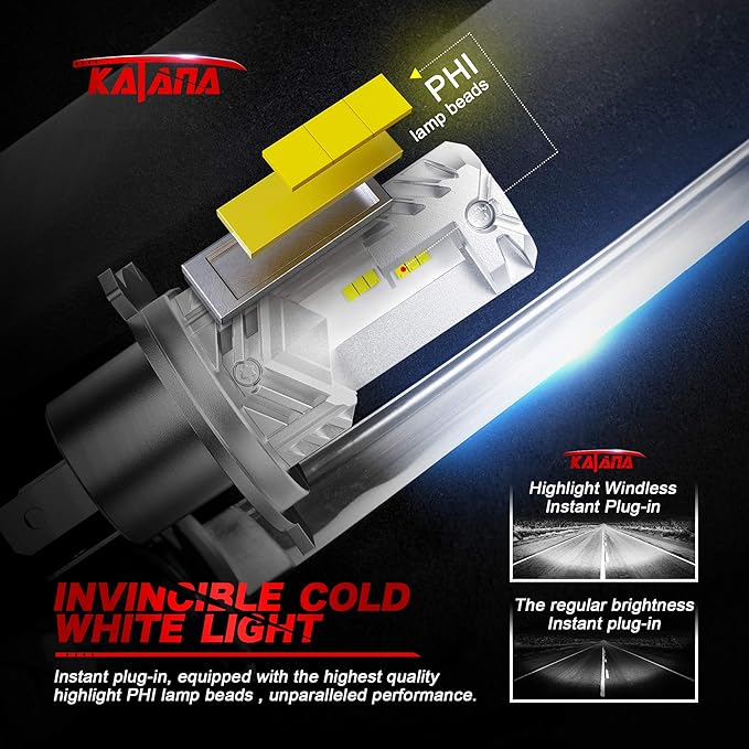 Katana H4 Light Bulbs | 9003 Fog Light Bulbs Fanless Wireless Super Bright 6500K Xenon White Fog Light, Pack of 2