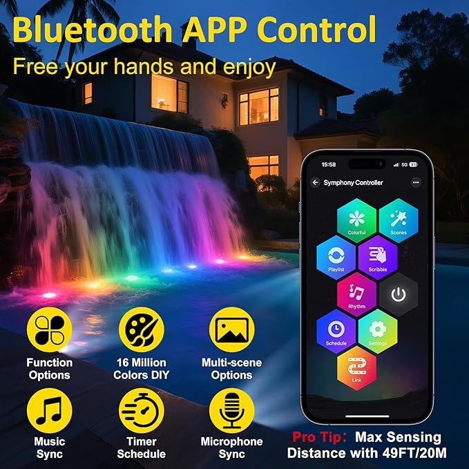 T-SUN Color Changing Pond Lights LED Underwater APP and Remote Control Submersible Fountain Lights IP68 Waterproof Landscape Spotlight Fish Tank Light for Koi Pond Aquarium Garden (Set of 2)