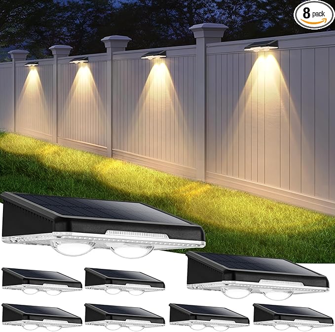 Solar Fence Lights Outdoor 8-Pack, Waterproof Fence Light Solar Powered with 3 Modes (3000K/4500K/6500K) for Outside, Patio, Deck, Stair, Step, Garden, Backyard, Walkway, Pathway, Railing