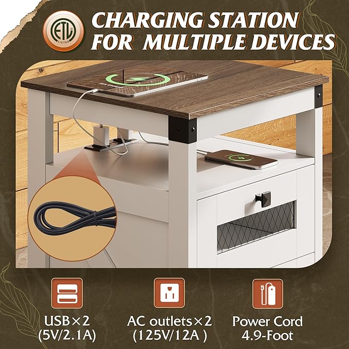 WLIVE Nightstand with Charging Station, Farmhouse End Table, Bed Side Table with 2 Storage Drawers and Open Shelf, Wood Rustic Nightstands for Bedroom, Living Room, White