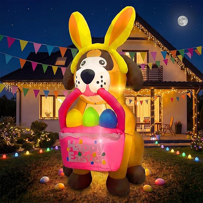 6 FT Easter Inflatables Dog Outdoor Decorations with Bunny Ears, Blow Up Easter Dog Holding Eggs Basket with Build-in LED Lights, Giant Spring Holiday Inflatable Yard Decor for Lawn Garden