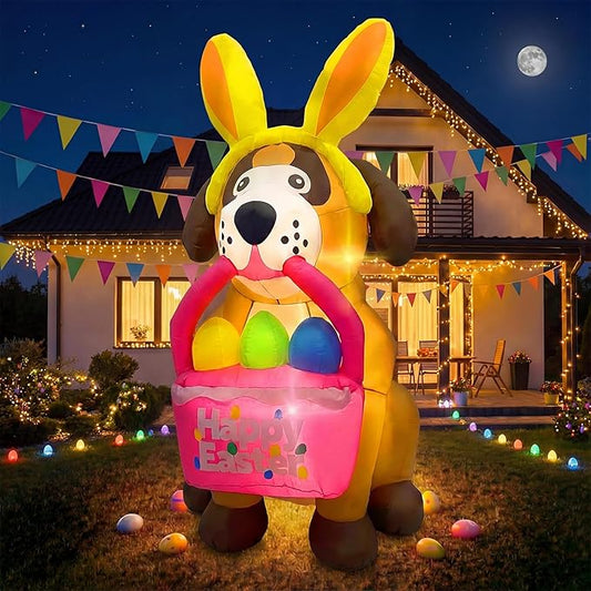 6 FT Easter Inflatables Dog Outdoor Decorations with Bunny Ears, Blow Up Easter Dog Holding Eggs Basket with Build-in LED Lights, Giant Spring Holiday Inflatable Yard Decor for Lawn Garden