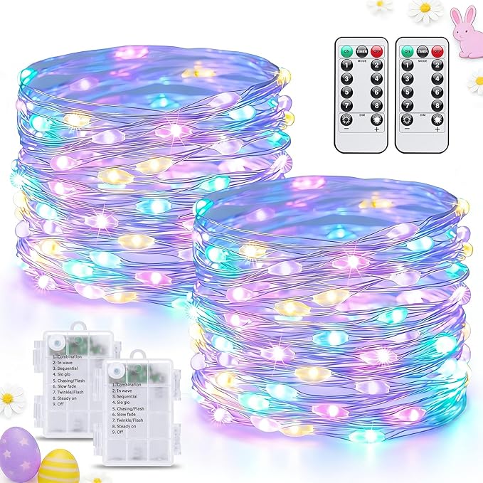 JMEXSUSS 2 Pack Pastel Fairy Lights Battery Operated with Remote, Total 200 LED 66ft Easter Lights Outdoor Waterproof, 8 Modes Battery Powered Twinkle String Lights for Bedroom Indoor Easter Decor