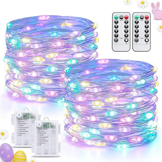 JMEXSUSS 2 Pack Pastel Fairy Lights Battery Operated with Remote, Total 200 LED 66ft Easter Lights Outdoor Waterproof, 8 Modes Battery Powered Twinkle String Lights for Bedroom Indoor Easter Decor
