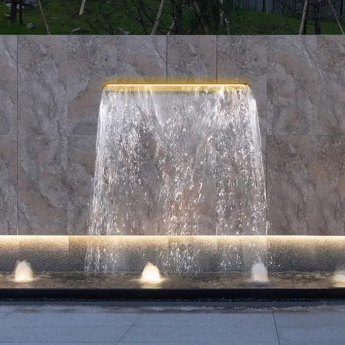 Stainless Steel Waterfall Spillway, LED Pool Fountain with Color Changing Light and Remote Control, Outdoor Pool Waterfall for Garden, Patio and Pond