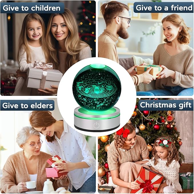 3D Solar System Crystal Ball Night Light with LED Colorful Lighting Touch Base Upgrade 3.15 In Galaxy Planets Glass Ball Lamp Paperweight Astronomy Gift Decor for Boys Girls Kids Birthday Christmas