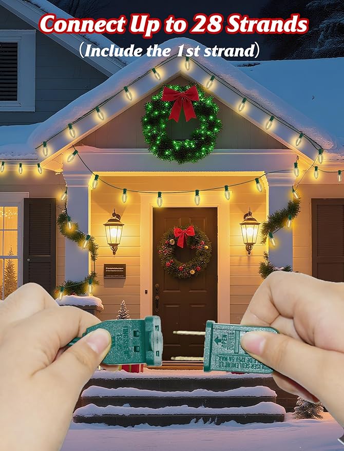 C9 LED Christmas Lights Outdoor, Christmas Outdoor Lights with 27 LED Warm White Bulbs(2 Spare) for Xmas Holidays Roofline Patio Garden Party Wedding Decor