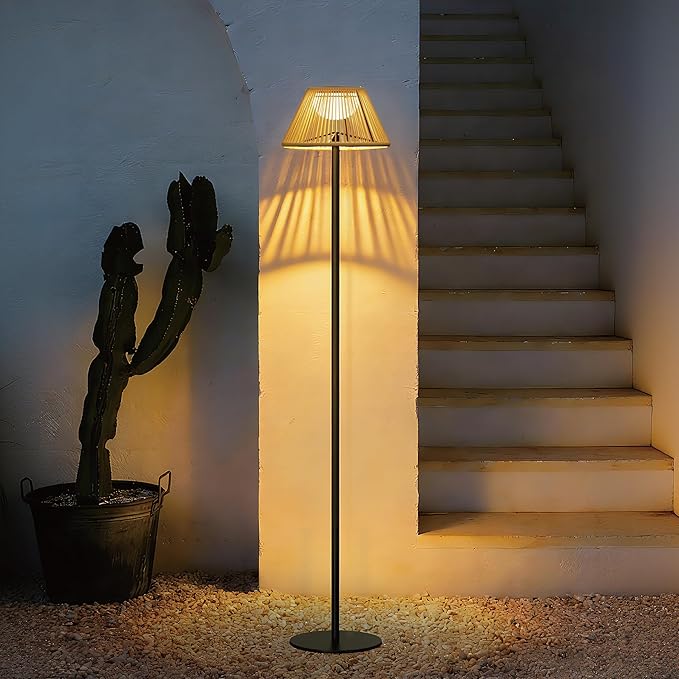 Rattan Series Solar Floor Lamp - Remote Control Included - Dimmable & Timer Modes - Rechargeable Battery Lasts Up to 45 Hours - 2700K - IP44 Weather Resistant