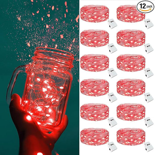 ZGWJ Fairy Lights Battery Operated, 12 Pack Red Twinkle String Lights 20 LED 7FT 3 Lighting Modes Waterproof for Bedroom, Halloween, Christmas, Party Indoor and Outdoor Decoration