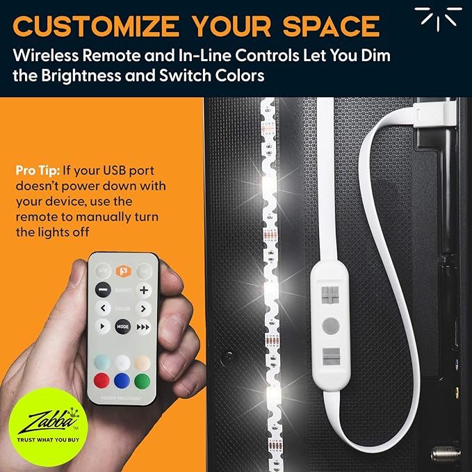 Power Practical LED Lights for TV in Living Room or Bedroom, Luminoodle Backlight, USB Powered Strips w/Remote for 15 Ambient Color Bias Lighting Options & 10 Brightness Modes, Size (41"-59" TV)