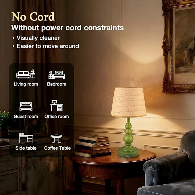 Cordless Boho Sculptural Table lamp Green, 5200-mAh Rechargeable Battery Touch Lamp, 3-Way Dimmable, Build-in LED 320 Lumens Max, Resin Home Decor, for Bedroom Living Room Dining Room