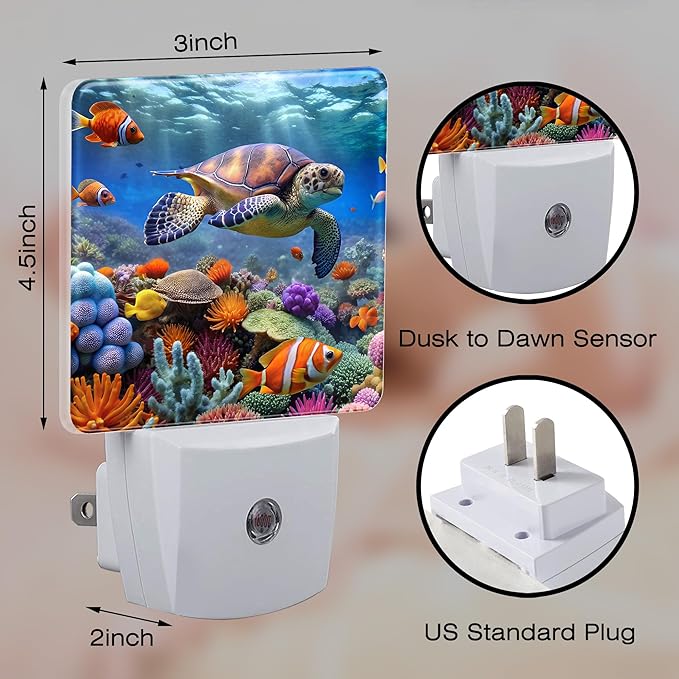 Giant Turtle in Coral Reefs Night Light, Underwater World Marine Fish Corals Dusk to Dawn Night Light Plug in, 0.5w Energy Saving Sleep Friendly NightLight for Kids Boys Girls Home Decor