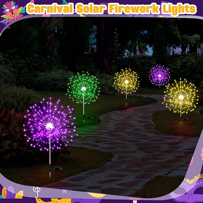 9 Pcs Mardi Gras Solar Firework Lights Solar Lights Outdoor Garden 120 LED 8 Modes Waterproof LED Sparkler Outdoor for Carnival Patio Yard Pathway Walkway (Purple,Yellow,Green)
