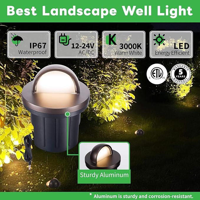 3000K LED Well Lights, 4 Pack 6W 420LM Low Voltage 12V In-Ground Landscape Lights, IP67 Waterproof Aluminum Oil-Rubbed Bronze, No Glare Outdoor Lighting for Path, Tree, Fence