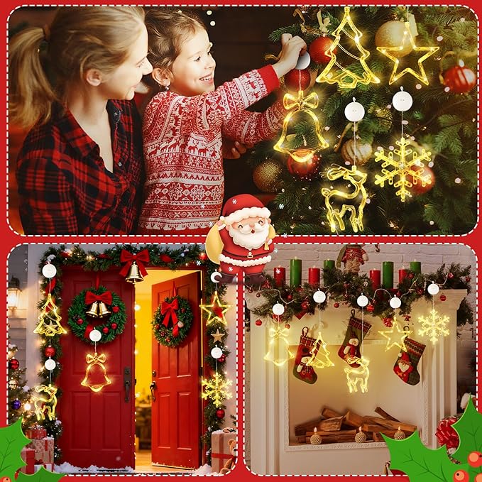 Asaint 5Pcs Christmas Window Lights Decorations,Lighted Bell Tree Reindeer Snowflake Star Battery Operated with Suction Cup for Christmas Window Glass Wall Indoor Decorations Muti-Color (Warm White)