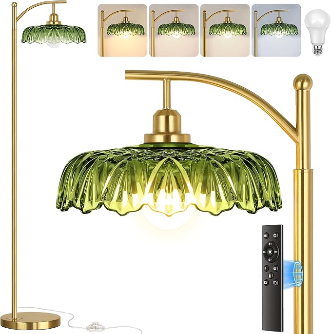 Gold Floor Lamp for Living Room, Dimmable Mid Century Modern Standing Lamp with Remote Control and Green Glass Shade, 68" Tall Lamp for Bedroom, Vintage Retro Antique Glass Flower Lamp, Brushed Gold