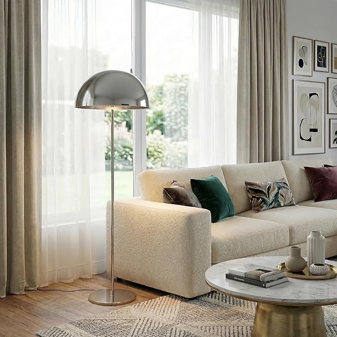 Brightech ONO Mushroom Floor Lamp - Modern LED Standing Lamp for Living Room, Bedroom - Color Changing LED Bulb, Metal Dome Lamp Shade - Contemporary Metallic Sculptural Design - Chrome