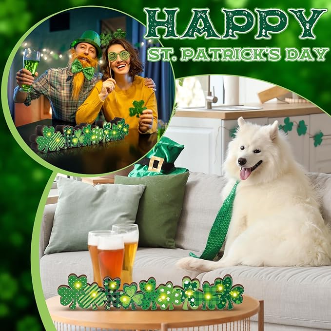 Yousoontic St. Patrick's Day Shamrock Decor Table Centerpieces Wooden Shamrock Sign Decorations with LED Lights Block Irish Farmhouse Green Decor for St. Patrick's Day Home Mantel Desk Office Party