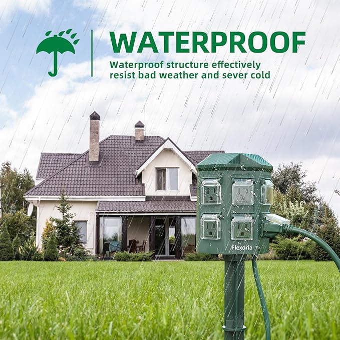 Outdoor Power Strip Waterproof, 100 FT Extension Cord, 6 Grounded Outlets for Halloween/Christmas Decorations and Inflatables, 15A/1875W, ETL Listed