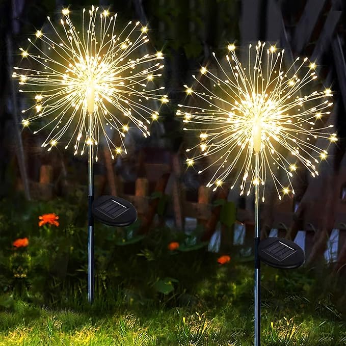 yowin Solar Fireworks Lights for Outside 2 Pack 120 LEDs Solar Garden Decor, 8 Modes Sparkler Light Outdoor Waterproof Starlit Starburst Lights for Yard Flower Bed Lawn Path Decorations - Warm White