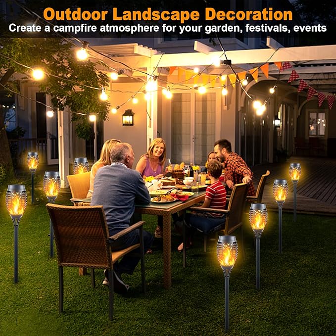 Mini Solar Torch Lights with Flickering Flame - Waterproof Outdoor Tiki Torches with 12LED Auto On/Off, Super Bright Landscape Lighting for Garden, Yard, Patio & Pathway Decor (16 Pack)