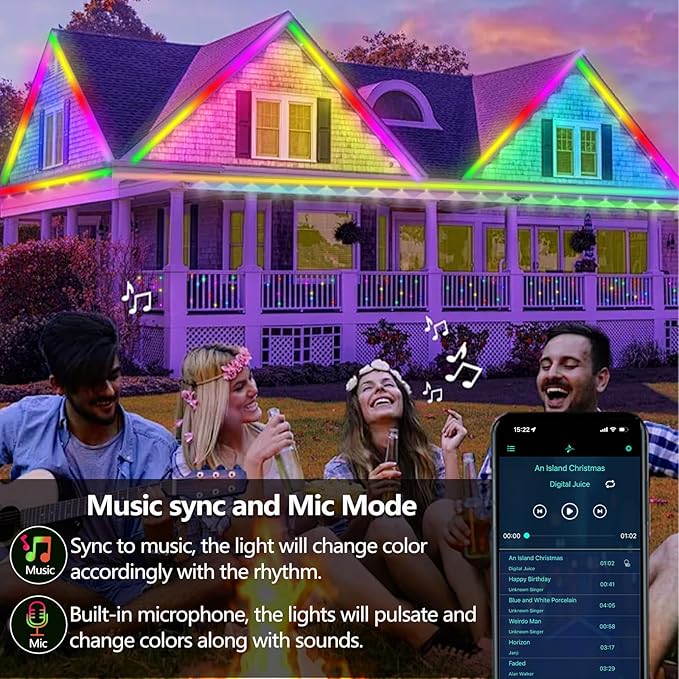 50FT Outdoor LED Strip Light Waterproof,IP68 Outside RGB+IC Light Strip with App/Remote Control,Chase Mode,Music Sync Light for Balcony,Deck,Rooftop,Garden,Pool