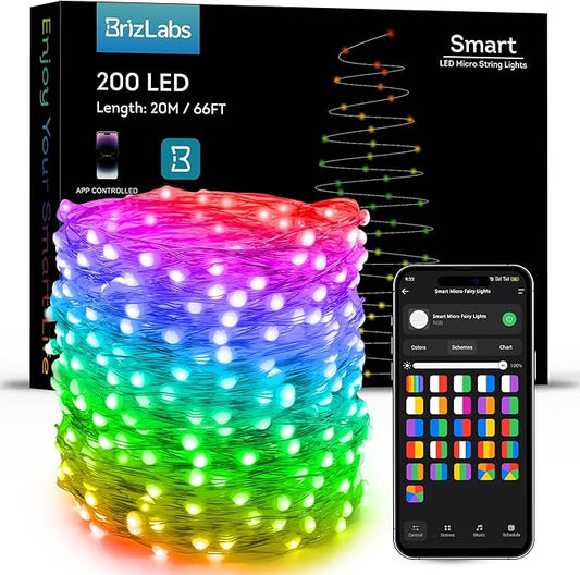 BrizLabs Smart Fairy String Lights, 66ft 200 LED WiFi Easter Fairy Lights App Control, Dimmable Pastel Light Rainbow Christmas Lighting, Music Sync RGB Xmas Lighting Work with Alexa & Google Home