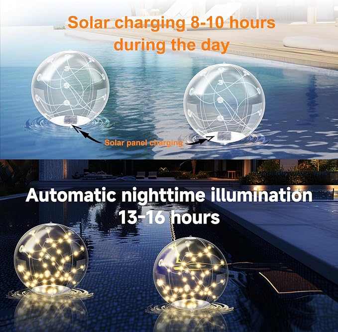 2 Pcs Solar Floating Pool Lights, 3000K Warm White LED Solar Powered Pool Light, IP68 Waterproof, Light Up Balls with Remote Control for Snowy Beach Yard Wedding Party Night Decor