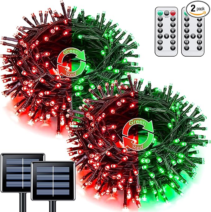 JMEXSUSS 2 Pack Solar String Lights Outdoor Waterproof, Total 66 FT 200 LED Solar Christmas Lights Outdoor, Twinkle Light for Christmas Tree Outside Garden Yard Xmas Decor, Red to Green