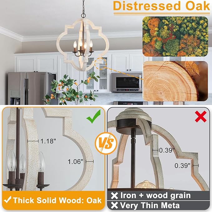 21.7" Oak Farmhouse Chandeliers for Dining Room Light Fixture Orb Distressed White Wood Pendant Light Kitchen Chandeliers over Table Ceiling Hanging Light for Island Living Room Bedroom Entryway Foyer