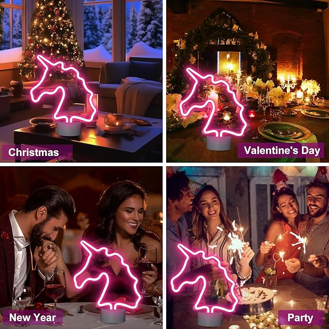 Unicorn Neon Sign with Holder Base, USB & Battery Powered, Pink Unicorn Neon Lights for Girs Room, Table Lamp Decor for Home, Bedroom, Living room, Bar, Office, Party, Christmas, Birthday Gifts