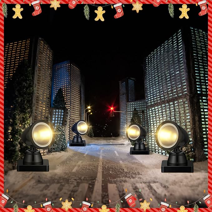 Kingdder 4 in 1 Accessories for Villages Building Light Christmas Village Collection Round Spotlights Battery Operated LED Light with Switch for Christmas Landscape(Warm White,4 Pcs)