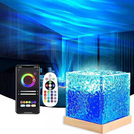 Ocean Wave Projector Light, 16-Color Luminorthe Cube Lamp and App Remote, 3D Holographic Water Ripple Romantic Ambient Lighting for Child's Room, Party, Night Light-4.4inch