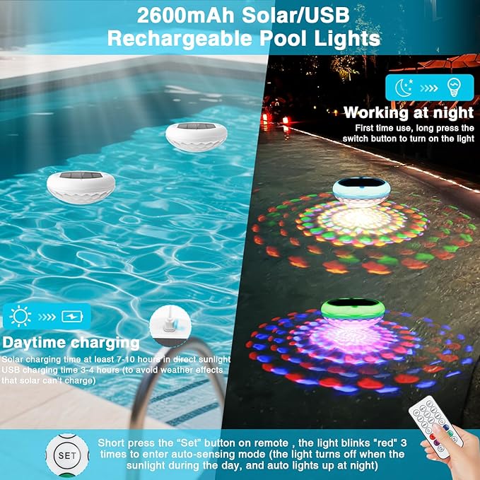 Solar Floating Pool Lights(2 PCS), USB Rechargeable Pool Lights with Remote, 6.7" 2600mAh IP68 Waterproof Floating Light 6 Dynamic Modes Upper and Lower Glow Hangable Light for Pond Patio Party
