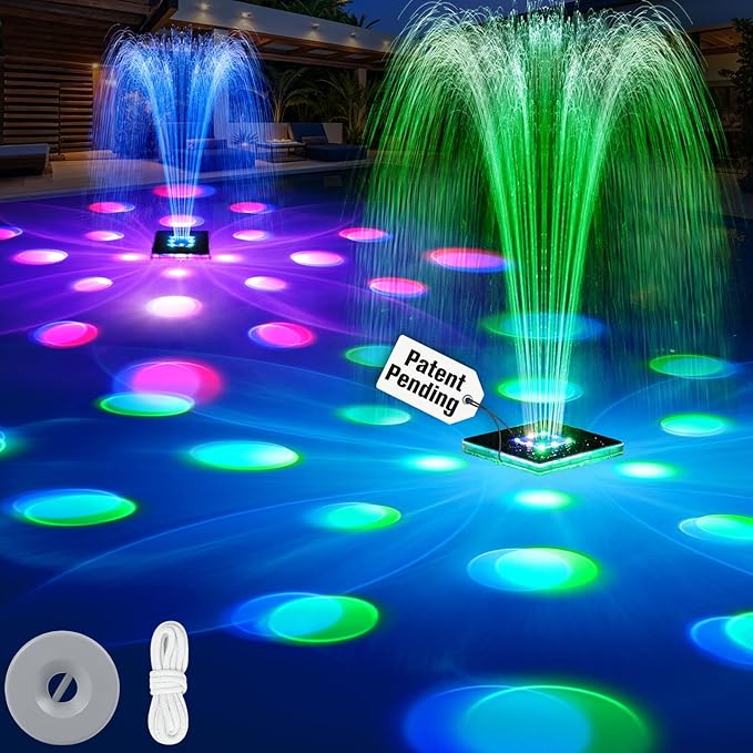 2026 Patent Solar Fountain,Floating Solar Pool Fountain with 9 Lights & Anchor,Large Solar Powered Water Fountain for Above Ground Pool Fountain Pump,Waterproof Floating Fountain for Pool-Light Blue