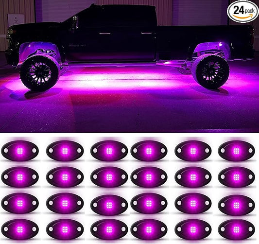 Purple Pink Rock Light 24pods 6000k Pure Purple Led Rocks Lights kit Ip68 Waterproof 47inch Extension Wires for ATV Rv Utv SUV Offroad Pickup Trucks Golf Boat Cars Fender Underglow Lighting