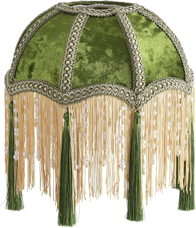 xiaojuande-Lampshade with tassels, Premium Classic Victorian, Style Bell Shape Scallop velvet top replacement lamp,10.14inch Width(olive green)