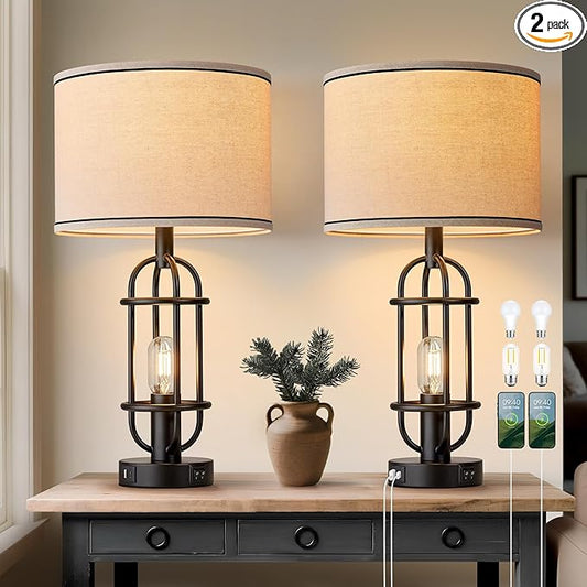 Black Table Lamps for Living Room Set of 2, 22.3" Farmhouse Lamps for Nightstand, Industrial Table Lamps for Bedroom with USB Ports, Bulbs Included